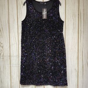 Nina Leonard LBD Sequin Sparkle Sleeveless Lined Midi Dress Stretch 1X (16W-18W)